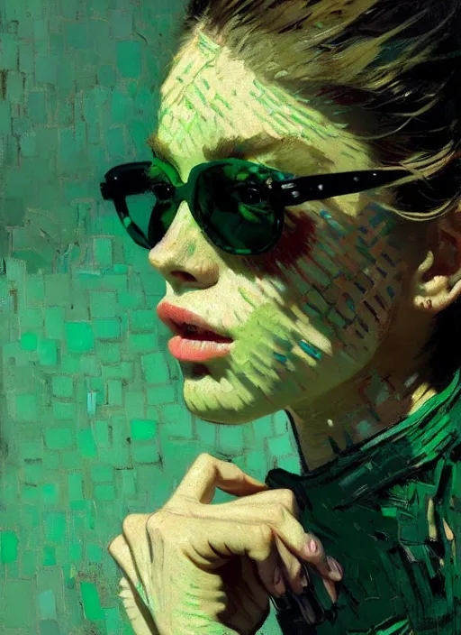 Image similar to portrait of a beautiful girl, eyes closed, open mouth, shades of green, beautiful face, rule of thirds, intricate outfit, spotlight, by greg rutkowski, by jeremy mann, by francoise nielly, by van gogh, digital painting