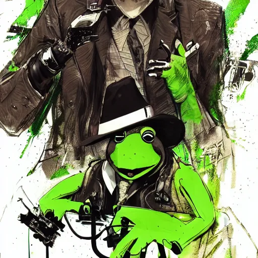 Prompt: highly detailed portrait of a gangster crime lord post-cyberpunk Kermit the frog ((Kermit the frog)) by Dustin Nguyen, Akihiko Yoshida, Greg Tocchini, Greg Rutkowski, Cliff Chiang, 4k resolution, persona 5 inspired, vibrant green ,brown, white and black color scheme with stray wiring