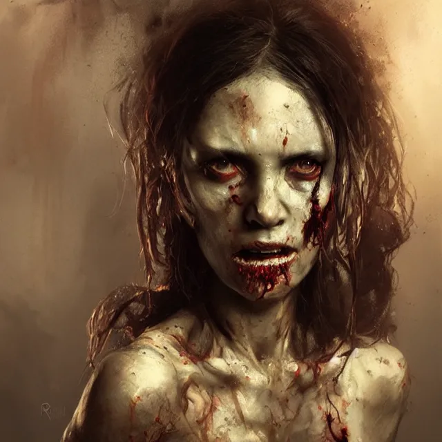 Prompt: hyper realistic photo portrait zombie woman cinematic, greg rutkowski, james gurney, mignola, craig mullins, brom