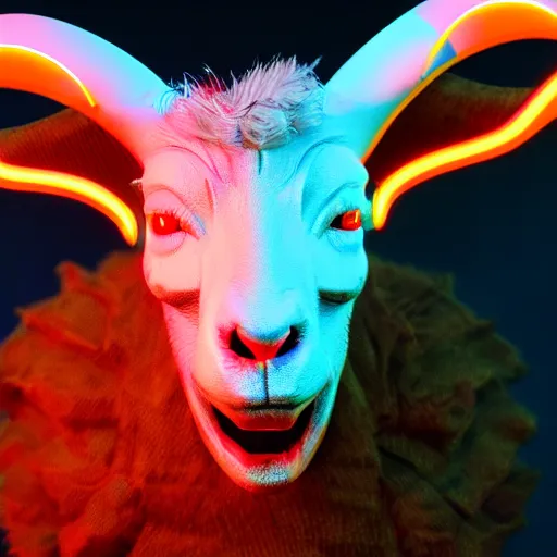 Prompt: synthwave demonic goat face with neon horns, detailed face, sharp focus, synthwave art, aesthetic, octane render, raw, cinematic, chromatic material