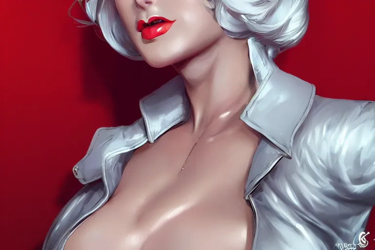 Prompt: feminine elegant pinup with white hair and curvy tight nylon outfit, cgsociety, highly detailed, attractive, 16k, smooth, sharp focus, trending on ArtStation