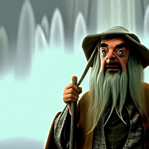 Image similar to mr. bean as gandalf from lord of the rings. movie still. cinematic lighting.