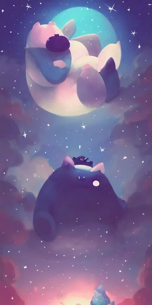 Image similar to giant glowing snorlax totoro, mountain landscape, night sky, digital art, digital painting, celestial, majestic, colorful