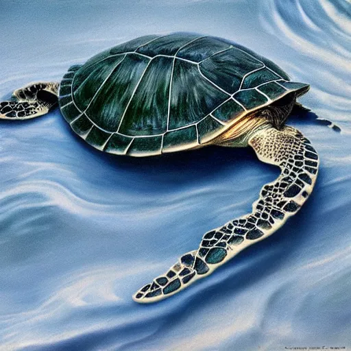 Image similar to a porcelain sculpture of a sea turtle, photorealistic, centered, close up shot, flash photography, beige, white, green, light - blue, dark - blue, waves of water, by bob eggleton, trending on artstation