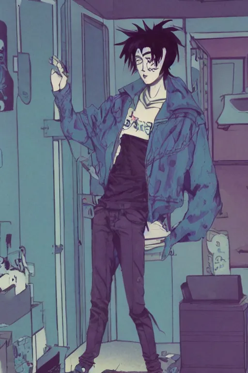 Image similar to a skinny goth guy standing in a cluttered 9 0 s bedroom, full body character concept art, vaporwave colors, hirohiko araki art, inio asano art,