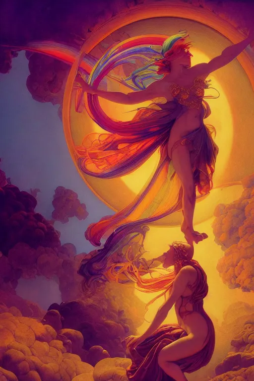 Image similar to beautiful sorceress opening portal to hell, vivid color, complementary color, golden ratio, detailed, sharp lines, sharp focus, intricate, rainbowshift, by maxfield parrish, by peter mohrbacher, by gustave dore, by artgerm, by alphonse mucha, deviantart, octane render