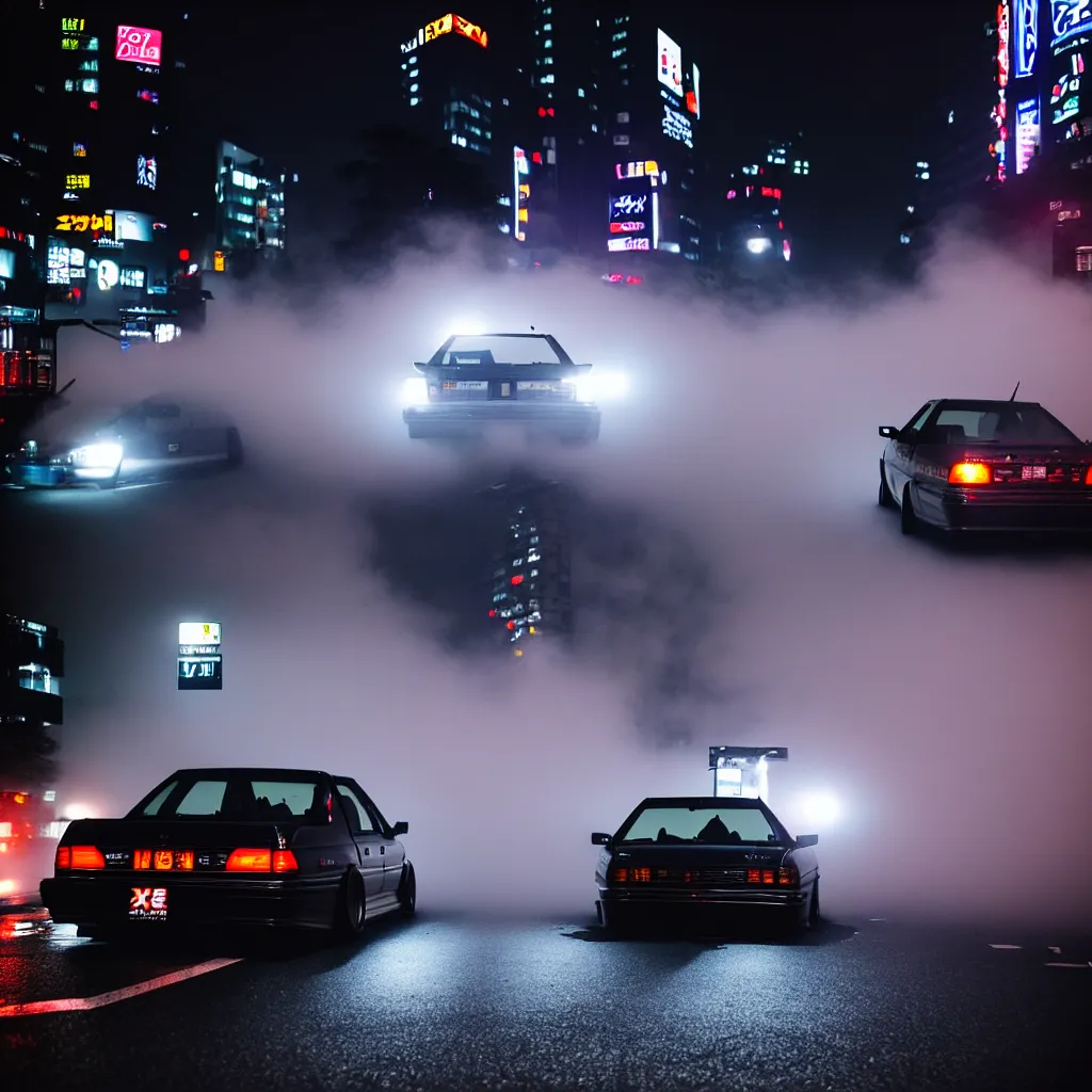 Image similar to JZX100 twin turbo drift in Shibuya, misty night