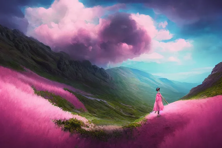 Image similar to giant dahlia flower crown face, girl walking on mountain, surreal photography, pink storm clouds, dramatic light, impressionist painting, digital painting, artstation, simon stalenhag