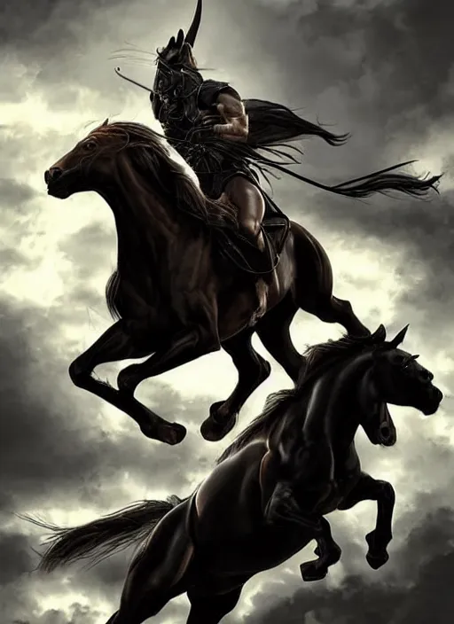 Image similar to the singular horseman of the apocalypse is riding a strong fierce ferocious black stallion, horse is up on its hind legs, the strong male rider is carrying the scales of justice, beautiful artwork by artgerm and rutkowski, breathtaking, beautifully lit, dramatic