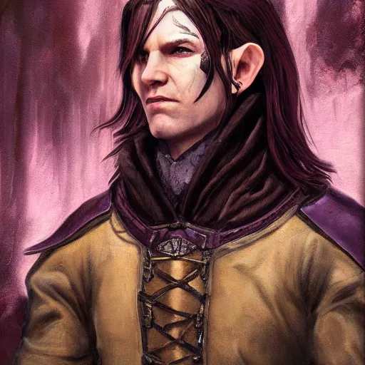 Image similar to oil painting a medieval fantasy tolkien elf, dark purplish hair tucked behind ears, wearing leather with a fur lined collar, wide face, muscular build, scar across the nose, cinematic, character art, l, detailed.