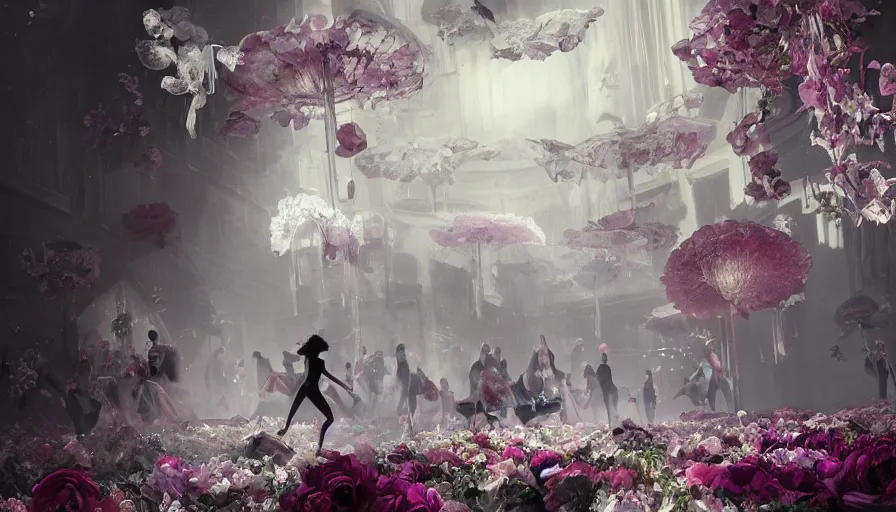 Image similar to victoria secret runway show, light, shadows, reflections, flowers, epic composition, intricate, elegant, volumetric lighting, digital painting, highly detailed, artstation, sharp focus, illustration, concept art, ruan jia, steve mccurry, greg rutkowski, mina petrovic, timothy kong, marina federovna, concept art, iconic