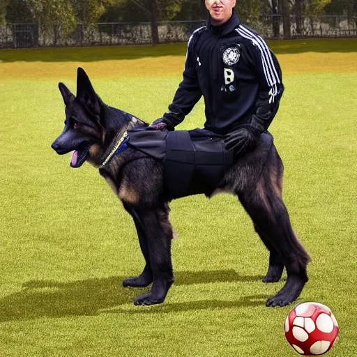 Prompt: full body a humanoid german shepherd beast - man, wearing soccer suit.