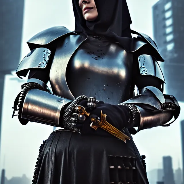 Image similar to cyberpunk armoured nun warrior with holy weapons, highly detailed, 8 k, hdr, smooth, sharp focus, high resolution, award - winning photo