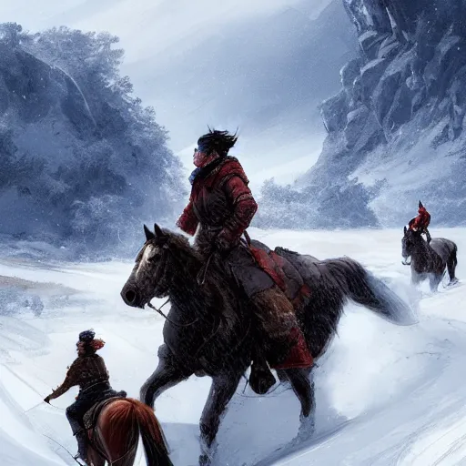 Image similar to Landscape of snowy mountains where we can perceive in the distance two riders on horses crossing the snow, snow storm, highly detailed, digital painting, artstation, concept art, illustration, art by Bayard Wu and Marc Simonetti and Diego Gisbert Llorens