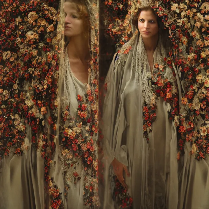 Prompt: closeup portrait of a woman with a cloak made of lace and flowers, standing in a hall of mirrors, by Annie Leibovitz and Steve McCurry, natural light, detailed face, CANON Eos C300, ƒ1.8, 35mm, 8K, medium-format print