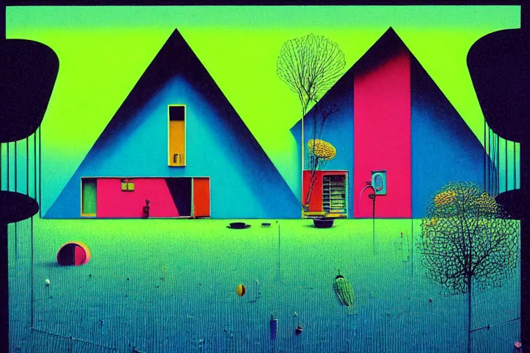Prompt: surreal glimpse into other universe, house by bauhaus architect, summer morning, very coherent and colorful high contrast, art by!!!! gediminas pranckevicius!!!!, geof darrow, floralpunk screen printing woodblock, dark shadows, hard lighting, stipple brush technique,