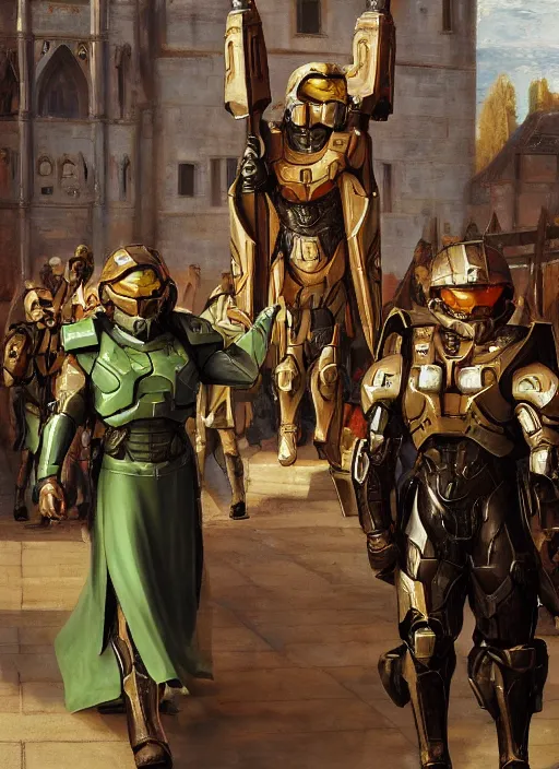 Prompt: halo master chief in a medieval royal procession by wlop and kev walker and edmund blair leighton and daniel f. gerhartz