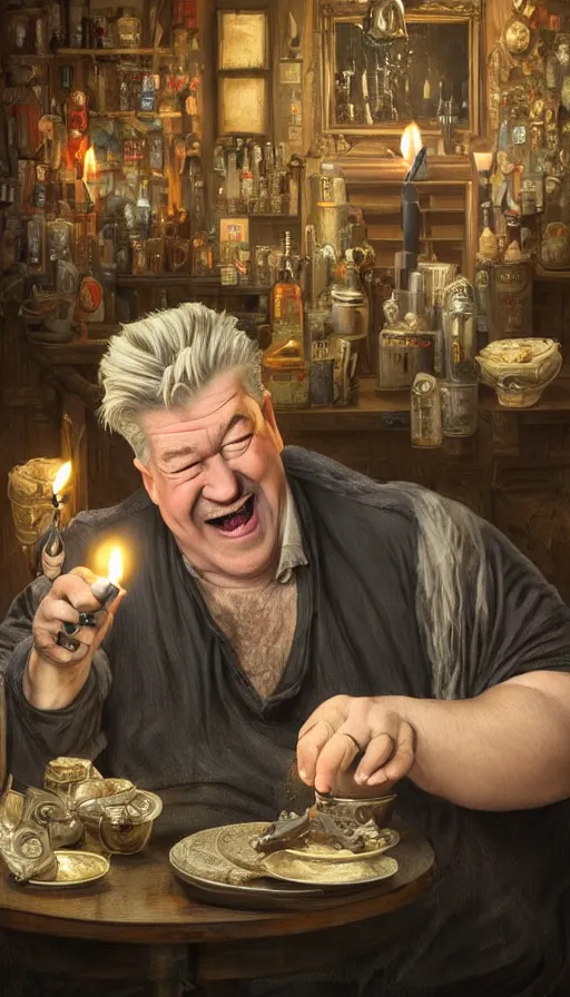 Image similar to david lynch as fat drunk tavern owner, laughing, candles, fame of thrones, warhammer, fibonacci, sweat drops, intricate fashion clothing, insane, intricate, highly detailed, surrealistic, digital painting, artstation, concept art, smooth, sharp focus, illustration, unreal engine 5, 8 k, art by artgerm and greg rutkowski and alphonse mucha