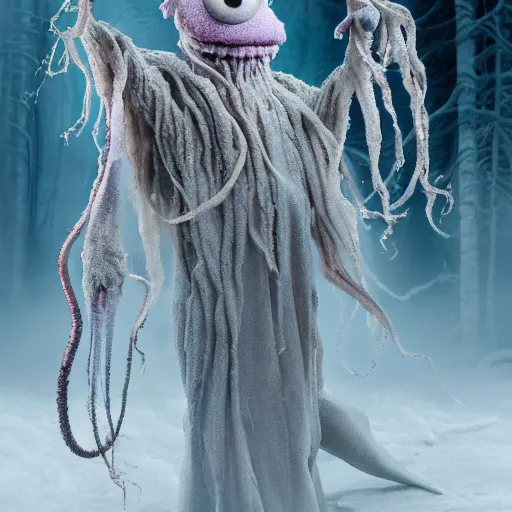 Image similar to a humanoid ethereal ghost like live action muppet wraith like figure with a squid like parasite as its head and four long tentacles for arms that flow gracefully at its sides like a cloak while it floats around a frozen rocky lake in the middle of the frozen woods searching for lost souls and that hides amongst the shadows in the trees, this character can control the snow and ice and has mastery of the shadows, it is known as the bringer of nightmares and the conqueror of the endless night terrors and staring too long can cause paralysis, it is a real muppet by sesame street surrounded by lost muppet souls, photo realistic, real, realistic, felt, stopmotion, photography, sesame street