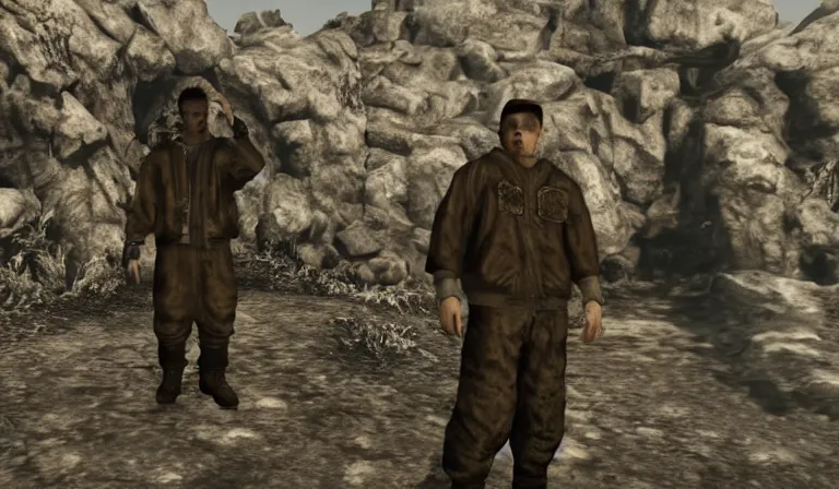 Image similar to Yung Lean in a cutscene from Fallout New Vegas, wide shot, low angle, screenshot