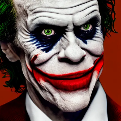 Image similar to willem dafoe as the joker, movie poster, superrealism, quality, post - production, image depth, focus, fine details, skin pores, makeup, 8 k