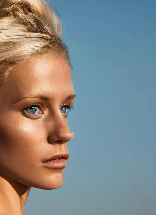 Image similar to color photograph of an olive skinned blonde female model in her early thirties, her hair pinned up, wearing a designer top, looking content, focused on her neck, facing the camera, photo realistic, extreme detail skin, natural beauty, no filter, slr, golden hour, 4 k, high definition, selfie