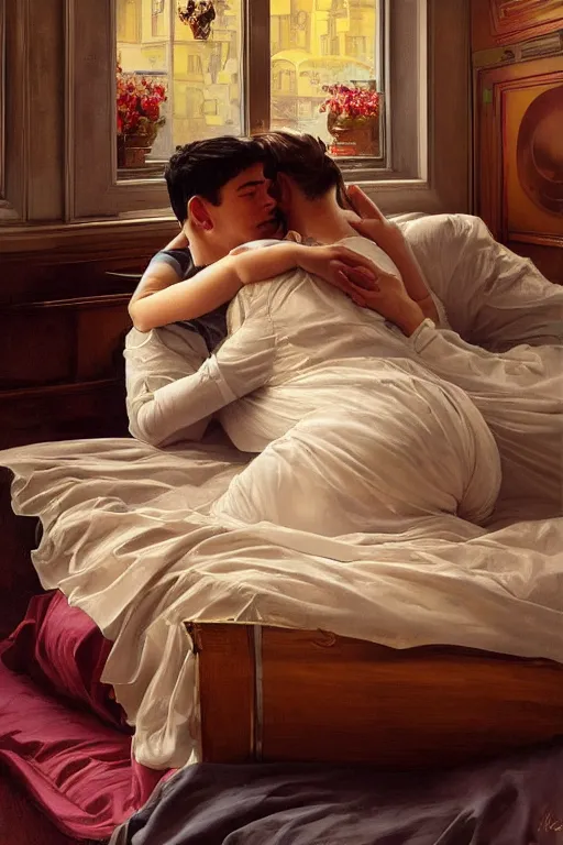 Prompt: portrait of a man in dhl uniform hugging his wife in a bed, feelings, romantic, fantasy, intricate, elegant, highly detailed, digital painting, artstation, concept art, smooth, sharp focus, illustration, art by artgerm and greg rutkowski and alphonse mucha