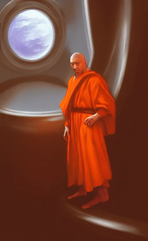 Image similar to portrait of a blind monk in a spaceship, looking out the window at a planet, orange robe, dramatic lighting, artstation, matte painting, ralph mcquarrie