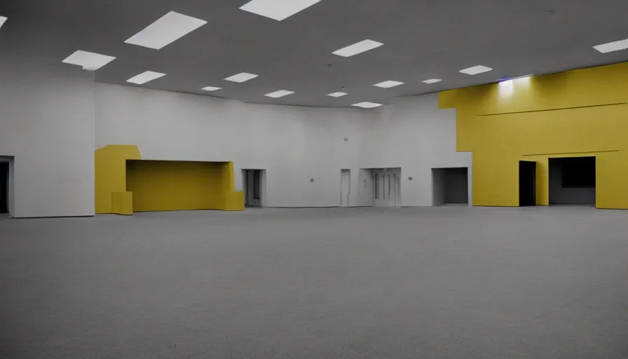 Prompt: 60s movie still of a sovietic stalinist style empty art museum with a soviet congress with yellow wall, KODAK EBX, liminal Space style, heavy grain