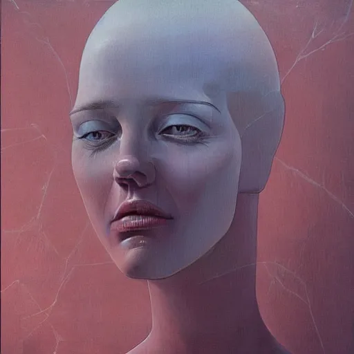 Image similar to a closeup of a businesswoman with computer motherboard built inside her head, Beksinski, Dariusz Zawadzki