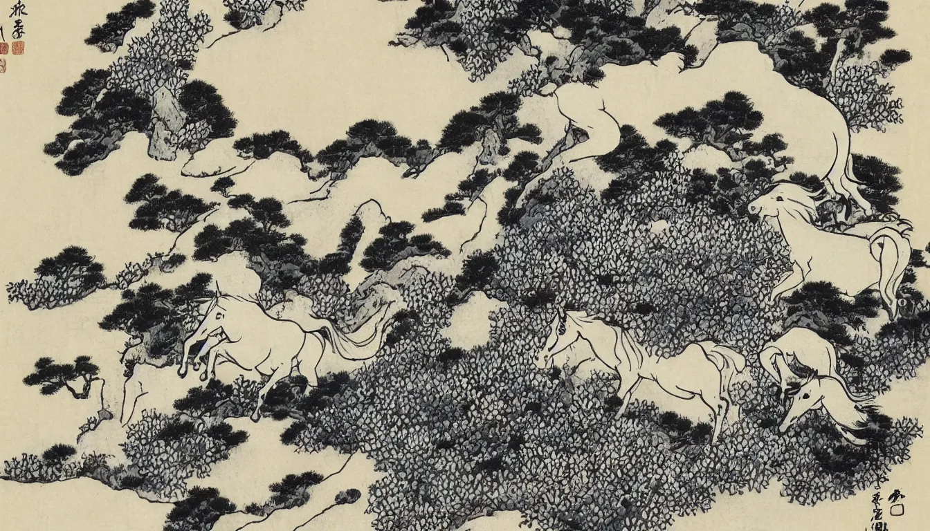 Prompt: traditional chinese ink drawing of a unicorn in a meadow, by hokusai, ultra detailed