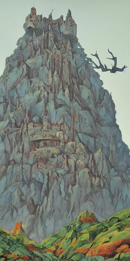 Image similar to a sinister expressive gouache painting of a incan castle by roger dean in the style of art - nouveau art, 8 k