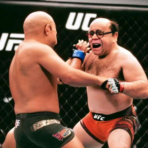 Prompt: a photograph of Danny DeVito inside a UFC match, portra 800