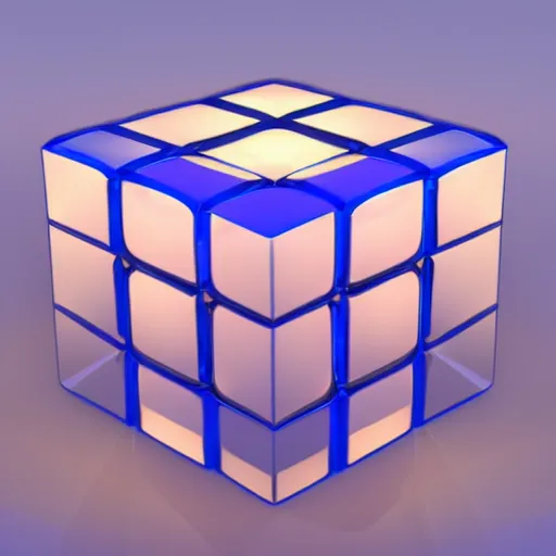 Image similar to a cinema 4d render of a translucent blue cube, black background, bloom, flares