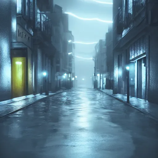 Image similar to kitten sits in the empty street on a rainy day, led lights around the place, digital painting, ultra detailed, unreal engine 5,