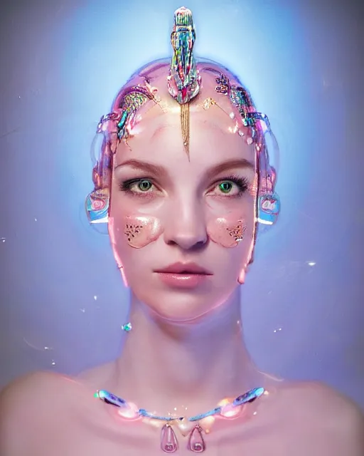 Prompt: natural light, soft focus portrait of an android with soft synthetic pink skin, blue bioluminescent plastics, smooth shiny metal, elaborate ornate head piece, piercings, skin textures, by annie liebovotz,