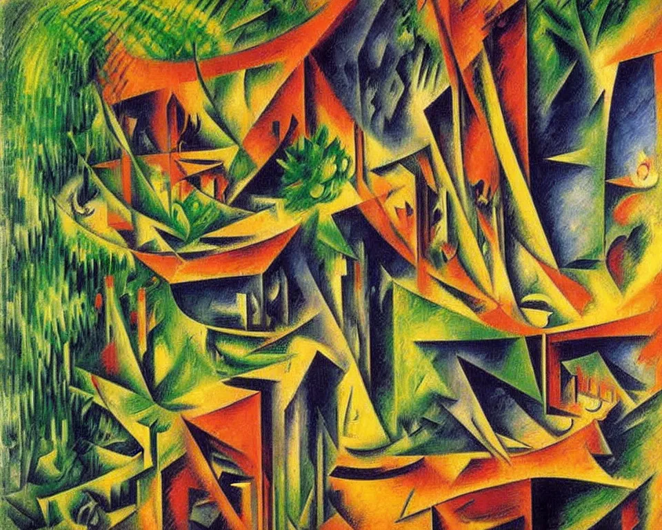 Image similar to abstract bookshelf in the rainforest by umberto boccioni. detailed, proportional, romantic, enchanting, achingly beautiful, graphic print, trending on artstation, jungle, tropical, foliage