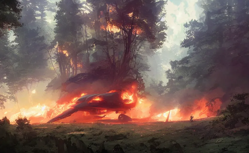 Prompt: a spaceship on fire and smoke crashed in a forest, smoke and fire. By Makoto Shinkai, Stanley Artgerm Lau, WLOP, Rossdraws, James Jean, Andrei Riabovitchev, Marc Simonetti, krenz cushart, Sakimichan, trending on ArtStation, digital art.