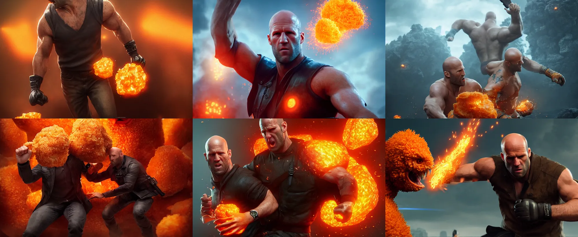 Prompt: ultrarealistic jason statham fighting a giant orange chicken nugget, epic battle, fantasy character portrait, octane render, substance painter, movie action still frame, cinematic lighting, volumetric lighting, extreme intricate details, artstation, dnd art, cgsociety, sharp focus, ultra wide angle, digital painting by artgerm, gerald brom, wlop