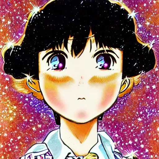 Image similar to a shoujo manga cover with a girl with big sparkly eyes and brown curly hair, in the style of naoko takeuchi ( 1 9 8 0 s )