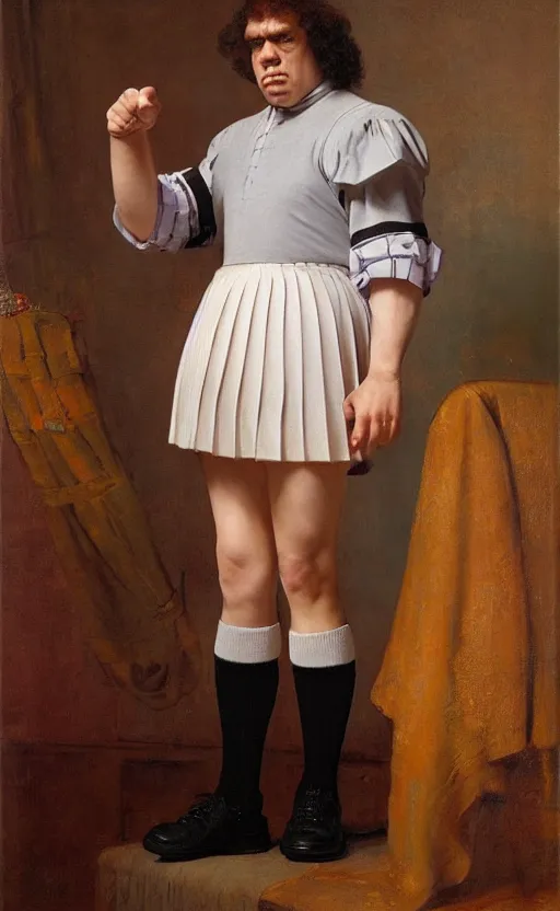 Prompt: andre the giant, school uniform, seifuku, pleated miniskirt, overknee socks. by rembrandt 1 6 6 7, illustration, by konstantin razumov