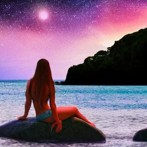 Image similar to a mermaid sitting on a rock, beach, starry sky, sunset