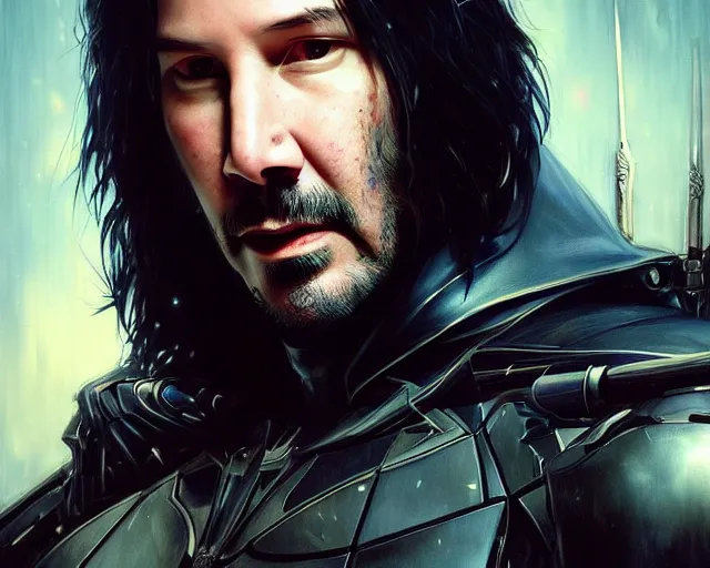 Image similar to highly detailed portrait of keanu reeves as azrael, in batman : arkham knight, stephen bliss, unreal engine, fantasy art by greg rutkowski, loish, rhads, ferdinand knab, makoto shinkai and lois van baarle, ilya kuvshinov, rossdraws, tom bagshaw, global illumination, radiant light, detailed and intricate environment