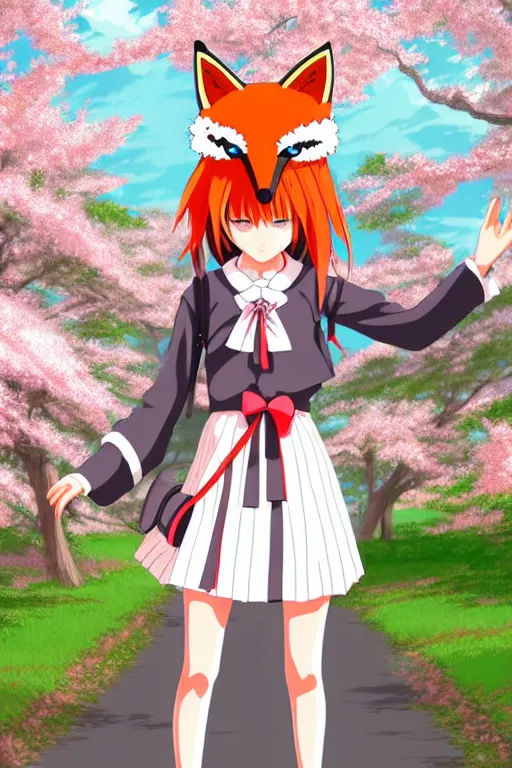 Prompt: digital art, centered full body of an anime school girl with fox headdress walking in the park surrounded by sakura, intricate artwork, studio Ghibli, charachter design, trending on artstation,