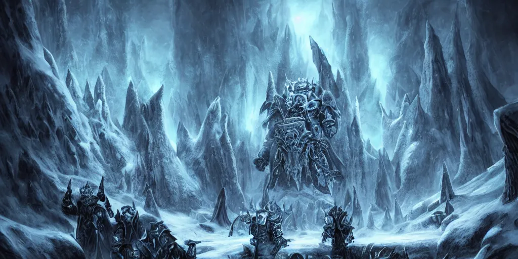 Image similar to vast ice dungeon, arthas the lich king, undead army, warcraft, warcraft artwork, mixed art, cinematic light, majestic, hyperrealistic, hyper detailed, dark fantasy, gritty