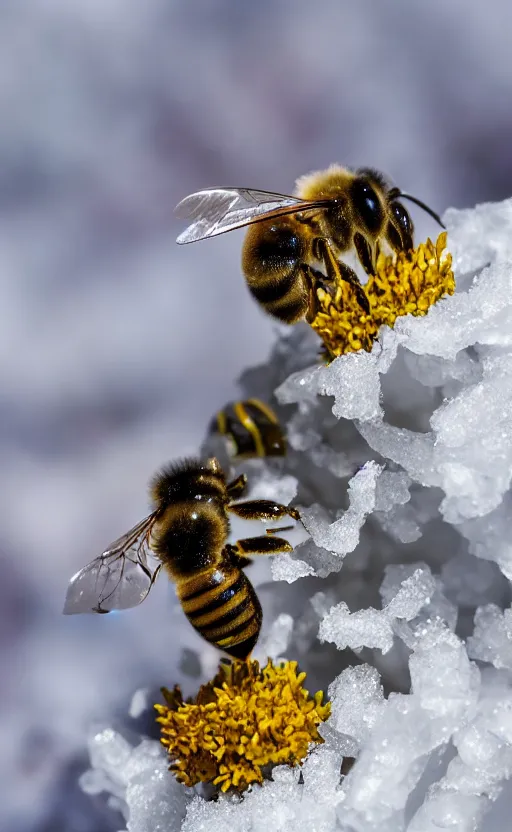 Image similar to a bee finding a beautiful flower, both entrapped in ice, only snow in the background, beautiful macro photography, ambient light