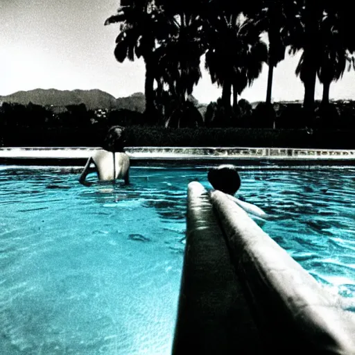 Image similar to one woman in the pool, another women under water, film camera style, la piscine 1 9 6 9 film aesthetics, 1 9 7 0 s, los angeles landscape on the background, evening,