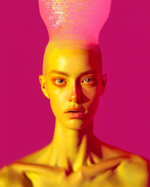 Prompt: hyperrealist highly intricate neo-modern portrait pink pearlescent exoskeleton beautiful goddess concept art pascal blanche key sage dramatic yellow lighting 8k high angle shallow depth of field