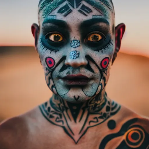 Image similar to portrait photo of a beautiful alien face with tribal tattoos on face, golden hour, 8 0 mm lens