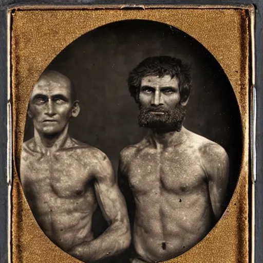 Image similar to spartan man and his helot slave, helot, ancient sparta, daguerreotype photograph, ancient photograph